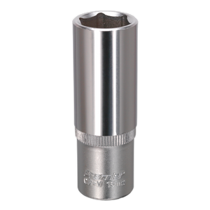 The Sealey WallDrive® Socket 16mm Deep 3/8"Sq Drive - S3816D is crafted from chrome vanadium steel and is designed for a 16mm bolt. It features the WallDrive® socket configuration and engraved markings on the side, making it a part of the Premier Hand Tools collection.