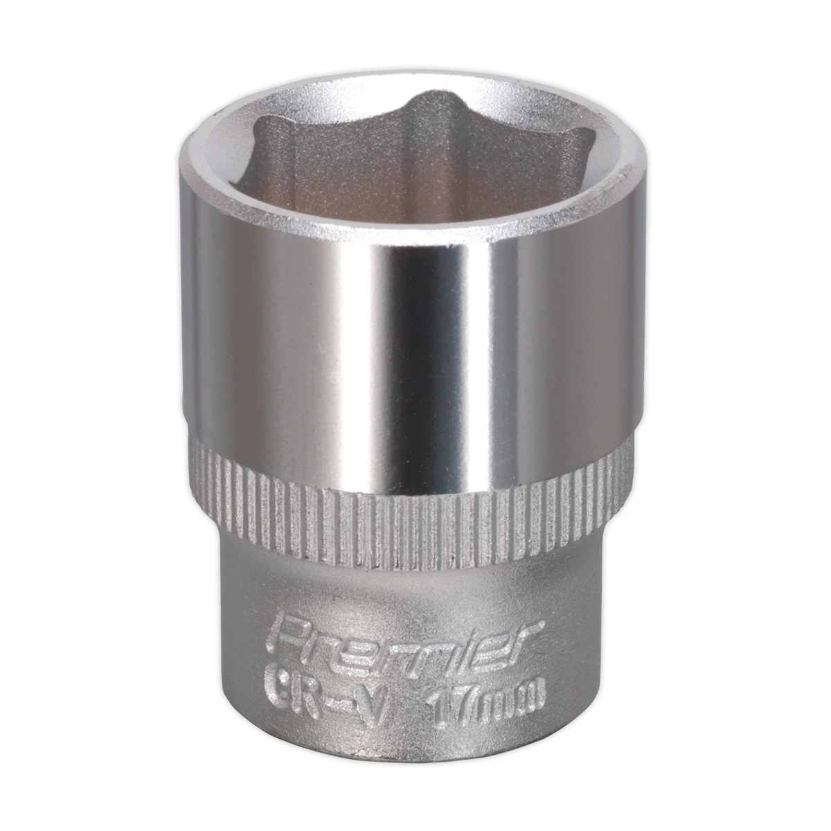 A Sealey WallDrive® Socket 17mm 3/8" Sq Drive (S3817) made from chrome vanadium steel, featuring Premier Hand Tools' six-point design.