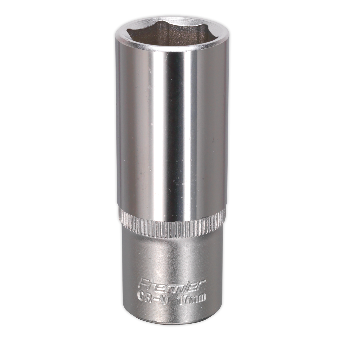 A Sealey WallDrive® Socket 17mm Deep 3/8"Sq Drive (S3817D) made from chrome vanadium steel, featuring a polished finish and backed by a lifetime guarantee.