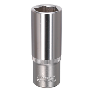 A Sealey WallDrive® Socket 17mm Deep 3/8"Sq Drive (S3817D) made from chrome vanadium steel, featuring a polished finish and backed by a lifetime guarantee.