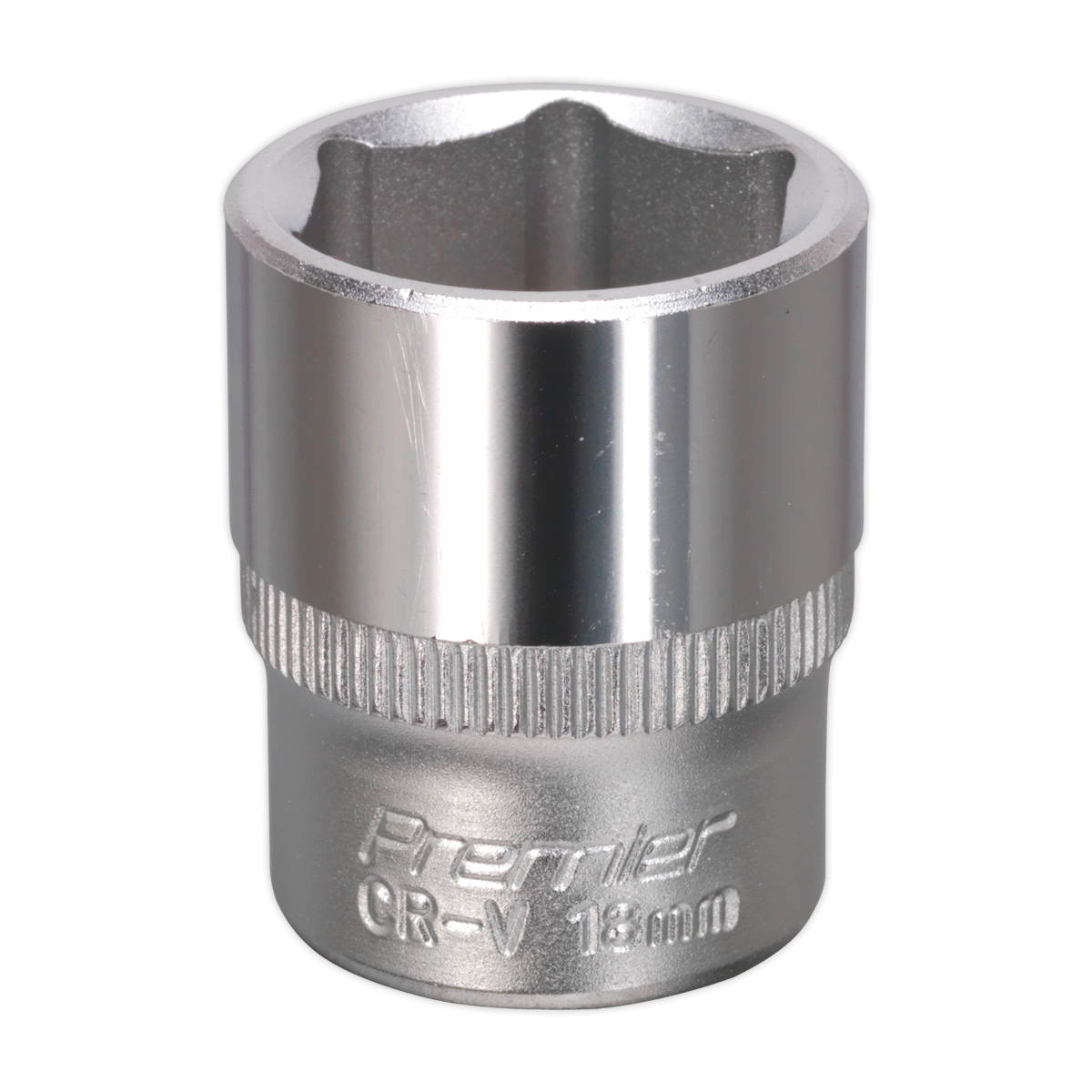 A WallDrive® Socket 18mm 3/8"Sq Drive - S3818 attachment by Sealey, made from durable Chrome Vanadium steel, and featuring a chrome finish with the engraving "Premier Hand Tools CR-V 18mm.