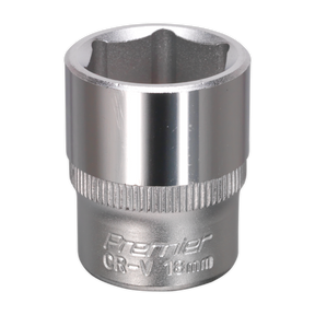 A WallDrive® Socket 18mm 3/8"Sq Drive - S3818 attachment by Sealey, made from durable Chrome Vanadium steel, and featuring a chrome finish with the engraving "Premier Hand Tools CR-V 18mm.