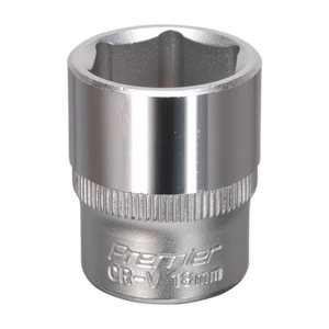 A WallDrive® Socket 18mm 3/8"Sq Drive - S3818 attachment by Sealey, made from durable Chrome Vanadium steel, and featuring a chrome finish with the engraving "Premier Hand Tools CR-V 18mm.