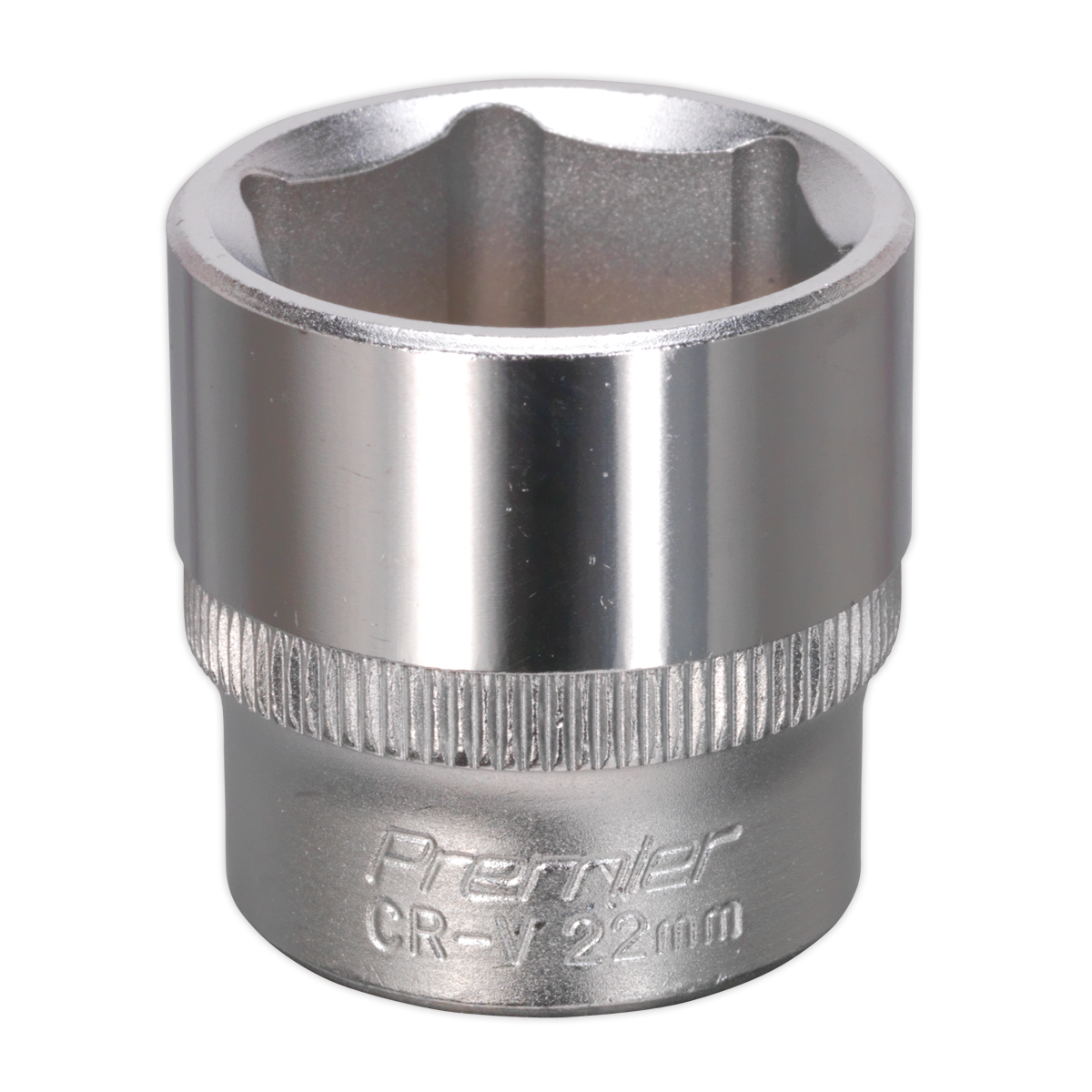 A shiny, metallic Sealey WallDrive® Socket 22mm 3/8"Sq Drive - S3822 with "Premier CR-V 22mm" inscribed on it, crafted from durable Chrome Vanadium steel and featuring WallDrive® socket configuration. Ideal for fastening or loosening nuts and bolts with precision.