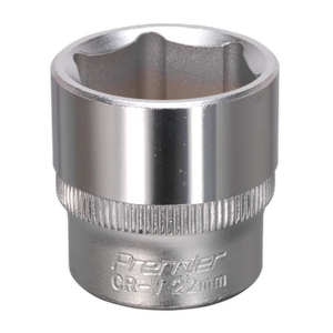 A shiny, metallic Sealey WallDrive® Socket 22mm 3/8"Sq Drive - S3822 with "Premier CR-V 22mm" inscribed on it, crafted from durable Chrome Vanadium steel and featuring WallDrive® socket configuration. Ideal for fastening or loosening nuts and bolts with precision.