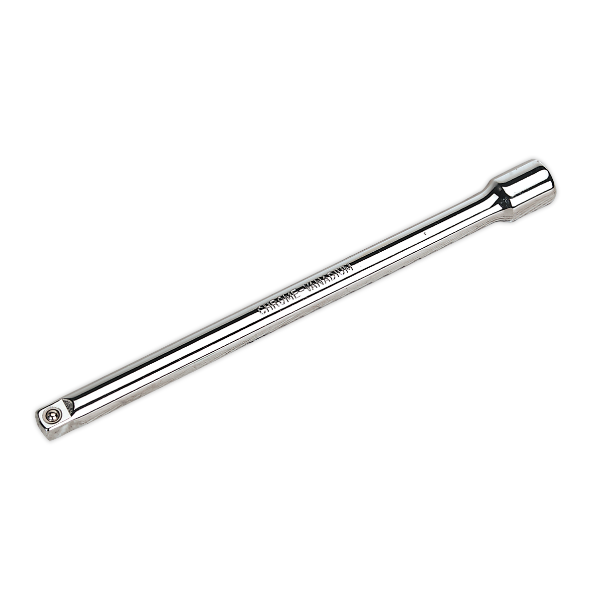 The Sealey Extension Bar 200mm 3/8"Sq Drive - S38E200, crafted from high-quality Chrome Vanadium steel with a sleek chrome finish, features one end designed to fit a ratchet and the other to hold a socket, making it ideal for professional use.