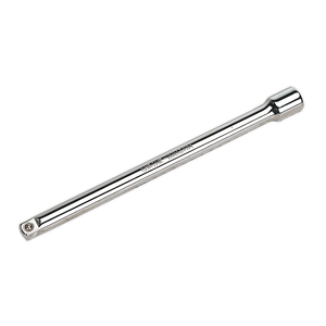 The Sealey Extension Bar 200mm 3/8"Sq Drive - S38E200, crafted from high-quality Chrome Vanadium steel with a sleek chrome finish, features one end designed to fit a ratchet and the other to hold a socket, making it ideal for professional use.