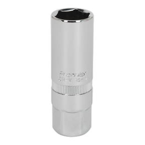 A durable socket wrench attachment made from Chrome Vanadium steel, the Spark Plug Socket 16mm 3/8"Sq Drive - S38SP10 by Sealey, is chrome-finished and comes with a lifetime guarantee.