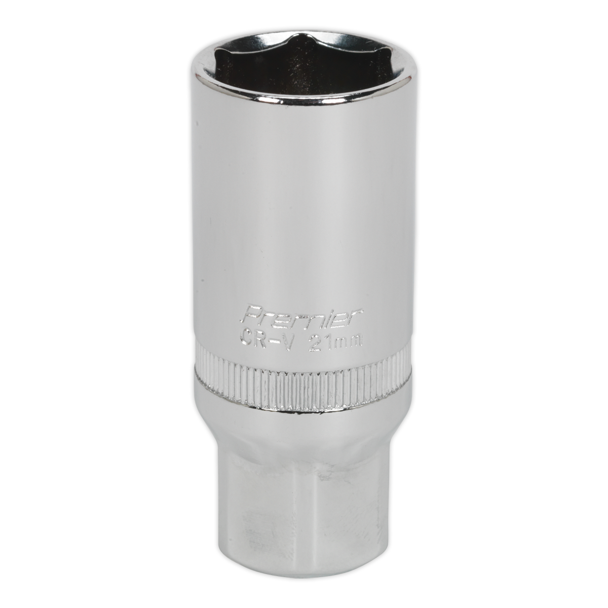 This Sealey Spark Plug Socket 21mm 3/8"Sq Drive - S38SP14 features a chrome-plated finish, a ridged grip, and a hexagonal opening. Made from durable Chrome Vanadium steel and labeled "CR-V 21mm," this Premier Hand Tool is backed by a lifetime guarantee.