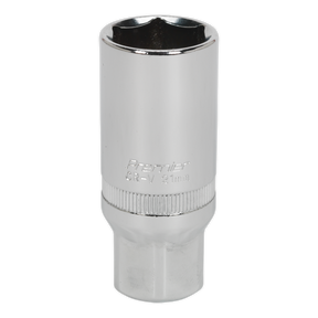 This Sealey Spark Plug Socket 21mm 3/8"Sq Drive - S38SP14 features a chrome-plated finish, a ridged grip, and a hexagonal opening. Made from durable Chrome Vanadium steel and labeled "CR-V 21mm," this Premier Hand Tool is backed by a lifetime guarantee.