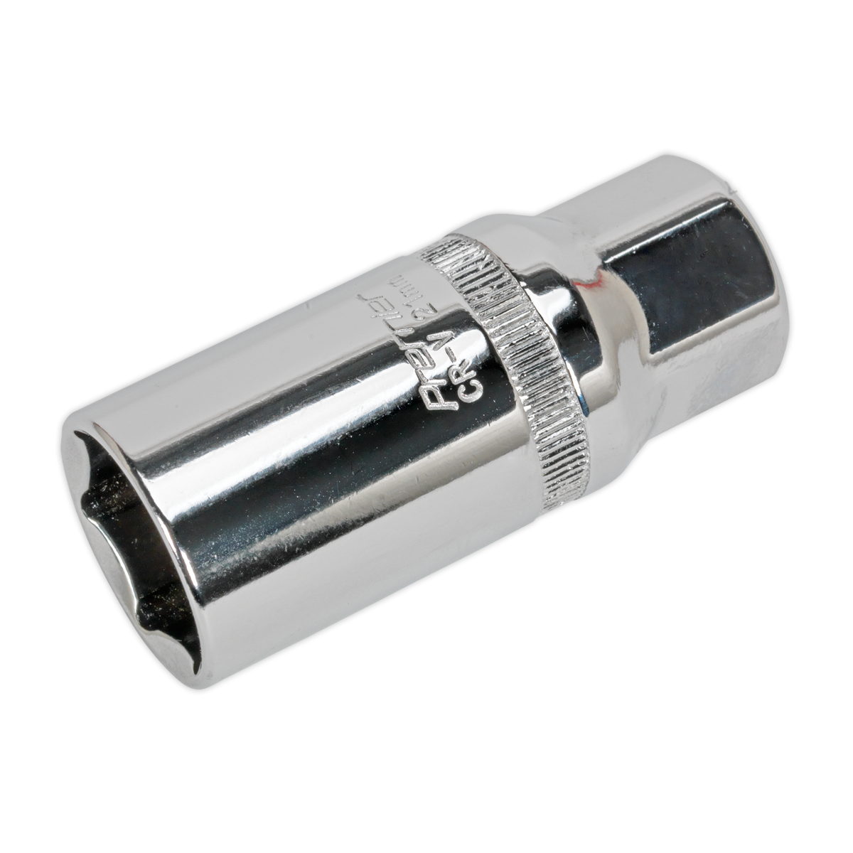 The Spark Plug Socket 21mm 3/8"Sq Drive - S38SP14 from Sealey is designed for loosening and tightening bolts, featuring a cylindrical shape with a hexagonal opening, a knurled grip, and crafted from durable Chrome Vanadium steel.