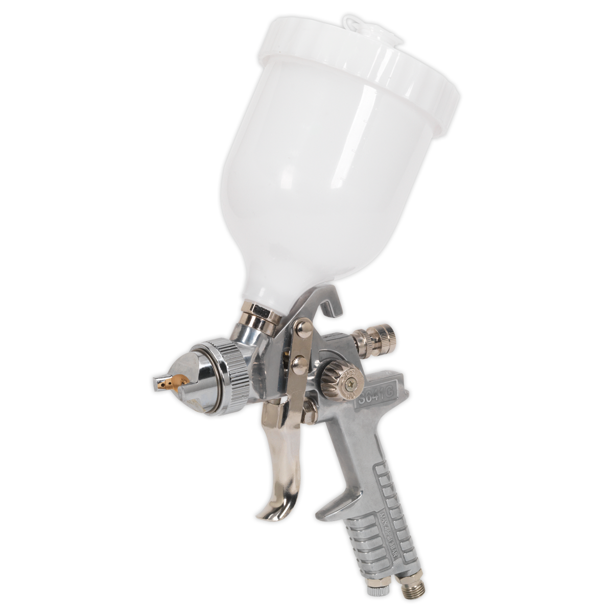 Introducing the Sealey Spray Gun Gravity Feed - 1.4mm Set-Up - S641G, featuring a white top-mounted paint cup, metal handle, and trigger for precise paint flow control, designed to offer a variety of set-up options.