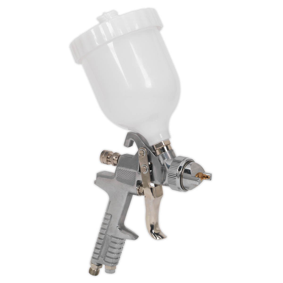 The Spray Gun Gravity Feed - 1.4mm Set-Up - S641G by Sealey features a white paint container mounted on top and comes equipped with a durable metallic grip and nozzle, providing versatile spray patterns suitable for various projects.