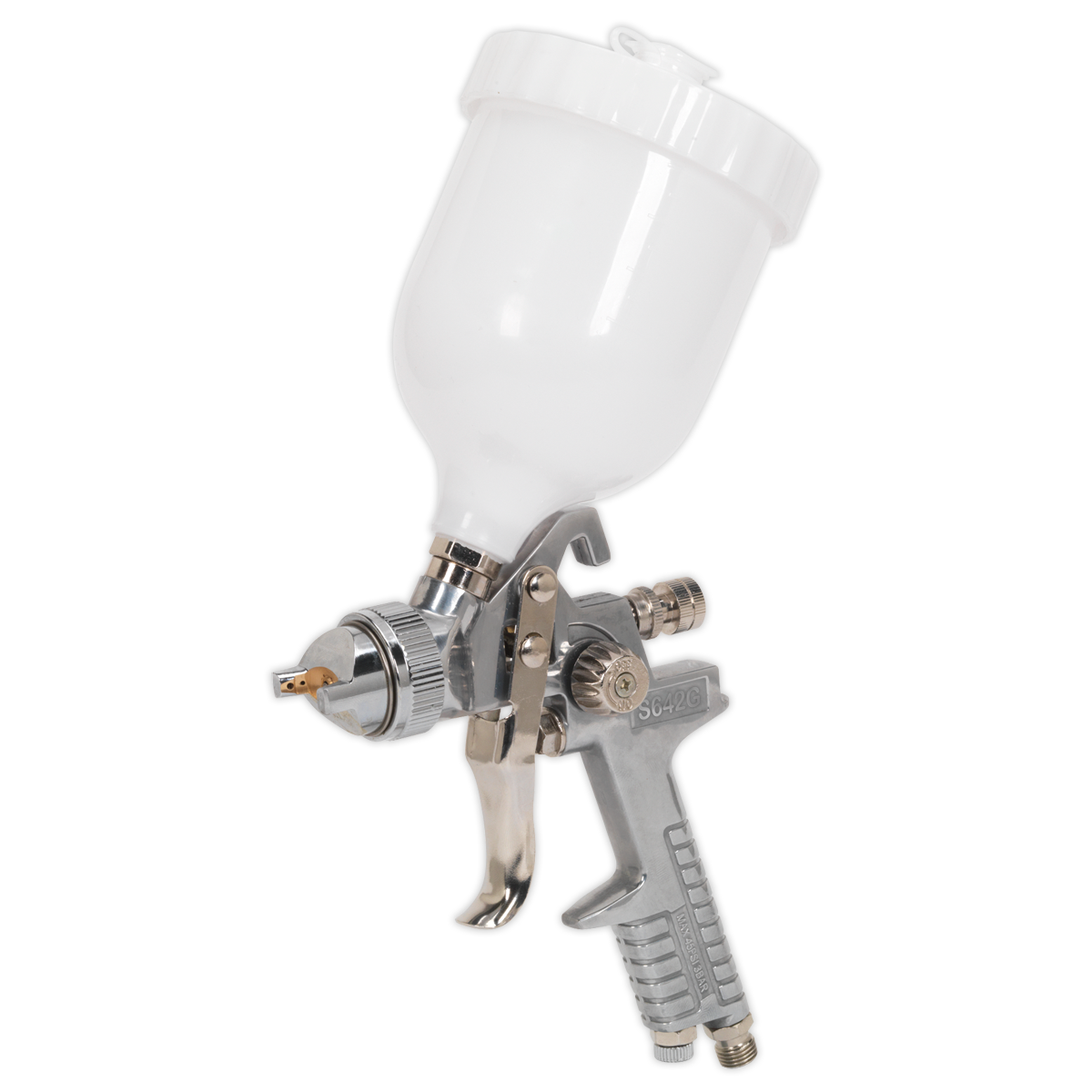 The Spray Gun Gravity Feed - 1.8mm Set-Up (S642G) by Sealey is a silver and white spray gun with an attached paint reservoir, designed with a precision air cap for optimal spray pattern.