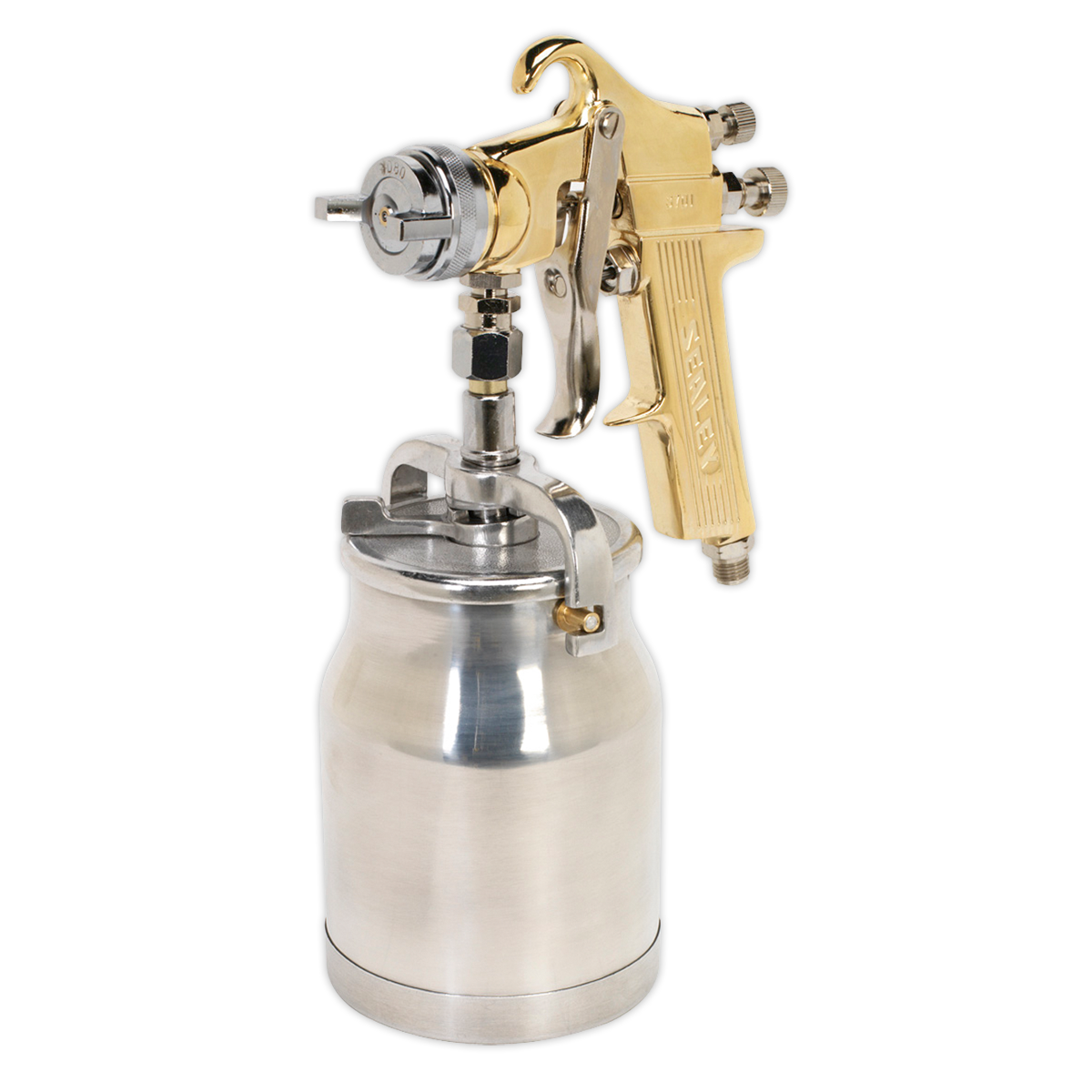 The Sealey Spray Gun Professional Suction Feed - 1.8mm Set-Up (S701) in silver and gold, complete with an attached paint canister, is perfect for applying water-based paints or other liquids.