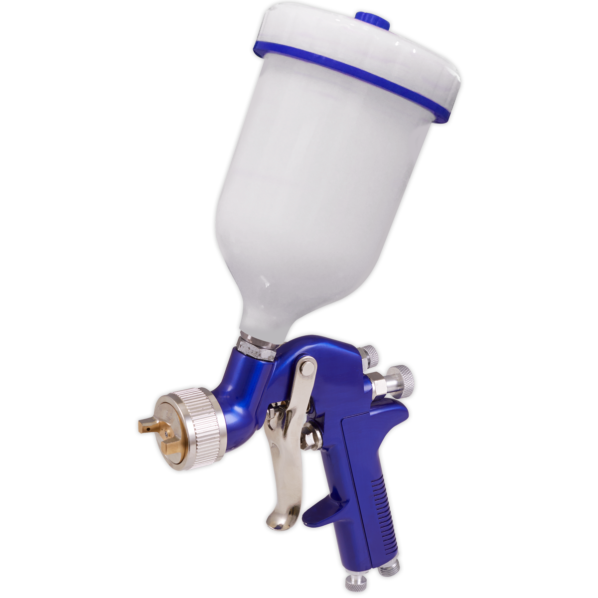 The Sealey Gravity Feed Spray Gun 1.3mm Set-Up - S713G is a blue spray gun featuring a white paint container attached at the top, specifically designed for precision in automotive refinishing. Its adjustable spray width allows for versatile application.