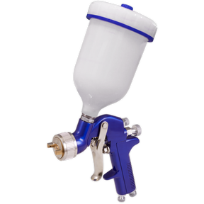 The Sealey Gravity Feed Spray Gun 1.3mm Set-Up - S713G is a blue spray gun featuring a white paint container attached at the top, specifically designed for precision in automotive refinishing. Its adjustable spray width allows for versatile application.