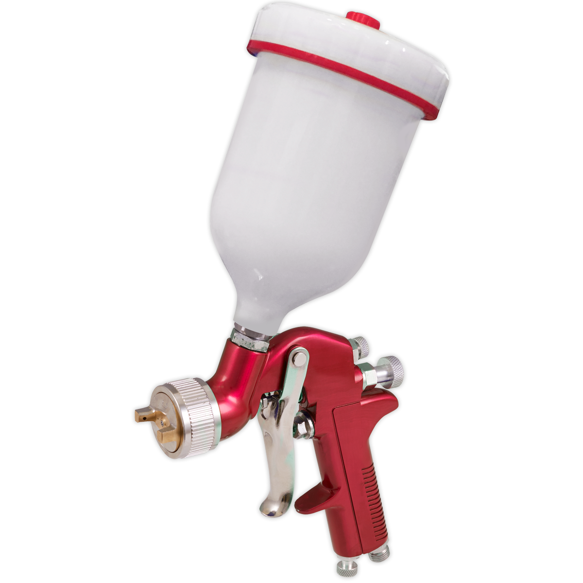 The Sealey Gravity Feed Spray Gun 1.4mm Set-Up - S714G is a red and silver tool featuring an adjustable spray width and a white container on top, ideal for automotive refinishing and spraying paint onto surfaces.