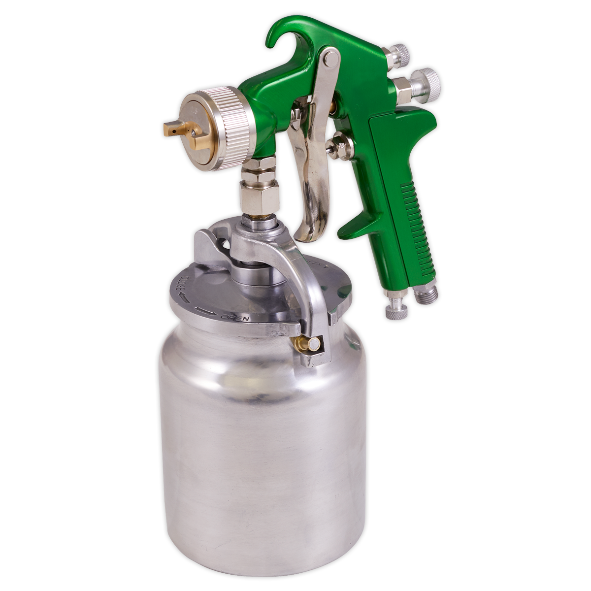 The Sealey Suction Feed Spray Gun 2.5mm Set-Up - S725 is a green HVLP spray gun equipped with a stainless steel paint container. It is designed for precise application in painting tasks and is ideal for automotive refinishing, featuring adjustable spray width for professional results.