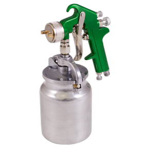 The Sealey Suction Feed Spray Gun 2.5mm Set-Up - S725 is a green HVLP spray gun equipped with a stainless steel paint container. It is designed for precise application in painting tasks and is ideal for automotive refinishing, featuring adjustable spray width for professional results.