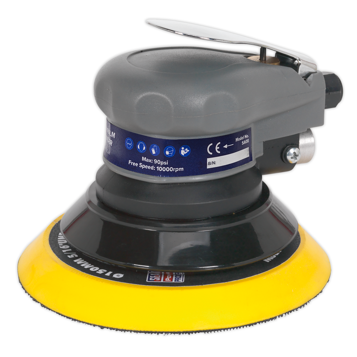 Introducing the Sealey Air Palm Orbital Sander Ø150mm - SA08, a hand-held pneumatic sander featuring a sleek black and grey design with a vibrant yellow sanding pad. The device is protected by durable polycarbonate outer housing and has various markings and specifications printed on its side for your convenience.