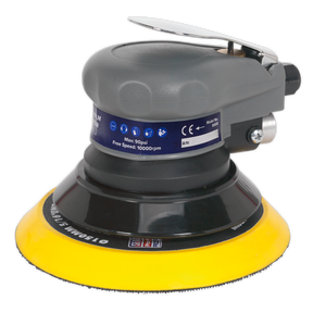 Introducing the Sealey Air Palm Orbital Sander Ø150mm - SA08, a hand-held pneumatic sander featuring a sleek black and grey design with a vibrant yellow sanding pad. The device is protected by durable polycarbonate outer housing and has various markings and specifications printed on its side for your convenience.