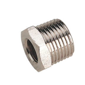 Sealey's Adaptor 1/2"BSPT Male to 1/4"BSP Female - SA1/1214F features steel construction with male and female thread configurations, a cylindrical body, and a hexagonal head for easy wrench application.