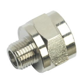 The Sealey Adaptor 1/4"BSPT Male to 1/2"BSP Female - SA1/1412F is a durable metal hexagonal male-threaded pipe fitting with a smooth, reflective finish. It is specifically designed for secure connections in fluid or gas systems, and it ensures compatibility with BSPT Male and BSP Female threads, making it versatile for various applications.