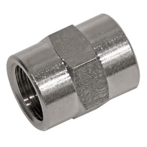 The Double Female Union 1/4"BSP to 1/4"BSP - SA1/1414FF by Sealey is a metal plumbing connector fitting that features threaded openings on both ends, used for joining two pipes.