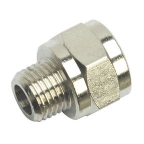 The Sealey Adaptor 1/4"BSP Male to 3/8"BSP Female (SA1/1438F) is a metallic hexagonal connector featuring a threaded male end, designed for use in plumbing, air tools, and various industrial applications.