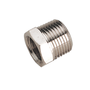 The image features the Sealey Adaptor 3/8"BSPT Male to 1/4"BSP Female - SA1/3814F, a metal threaded pipe fitting with a hexagonal shape for tightening and a BSP female adaptor.