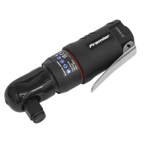 The 2-in-1 Mini Air Ratchet Wrench 1/4" & 1/2" Sq Drive - SA1001 by Sealey is a black pneumatic tool featuring a silver lever, various markings, and a contoured composite handle labeled "Premier." Its mini design and twist-reverse action make it versatile and easy to use.
