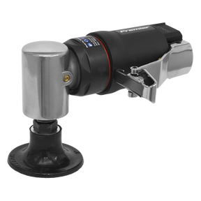 The Sealey Mini Air Sander Ø50mm - SA1003, with its black and silver body, features a contoured composite side handle and a protective guard around the disc, making it perfect for versatile sanding tasks in professional workshop environments.