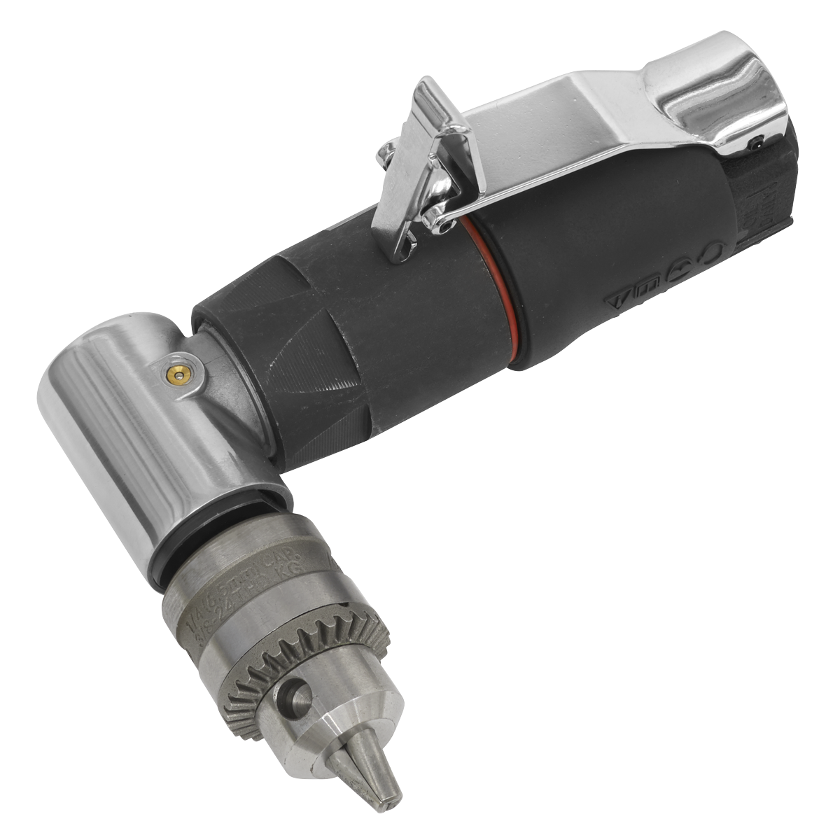 The Sealey Mini Air Angle Drill Ø6mm - SA1008 features a robust metal body, ergonomic rubber grip, and adjustable chuck, making it ideal for professional workshop use.