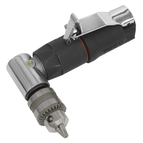 The Sealey Mini Air Angle Drill Ø6mm - SA1008 features a robust metal body, ergonomic rubber grip, and adjustable chuck, making it ideal for professional workshop use.