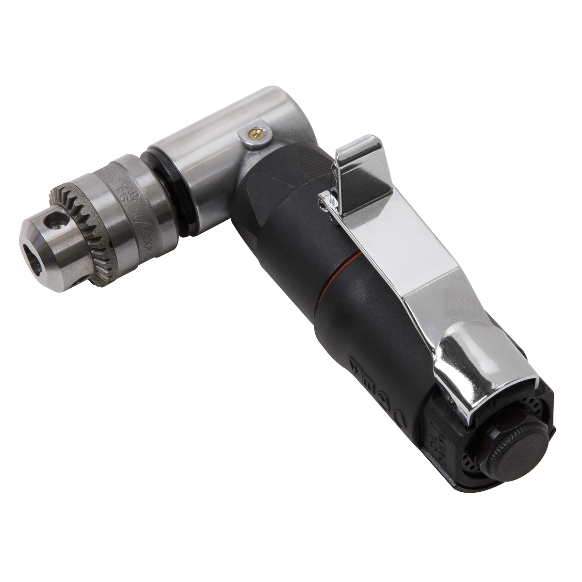 Introducing the Sealey Mini Air Angle Drill Ø6mm - SA1008: a powerful pneumatic right-angle mini drill featuring a durable metal chuck and a sleek black and silver design. This compact tool, equipped with a convenient trigger switch, is perfect for tight spaces and ideal for professional workshop use.