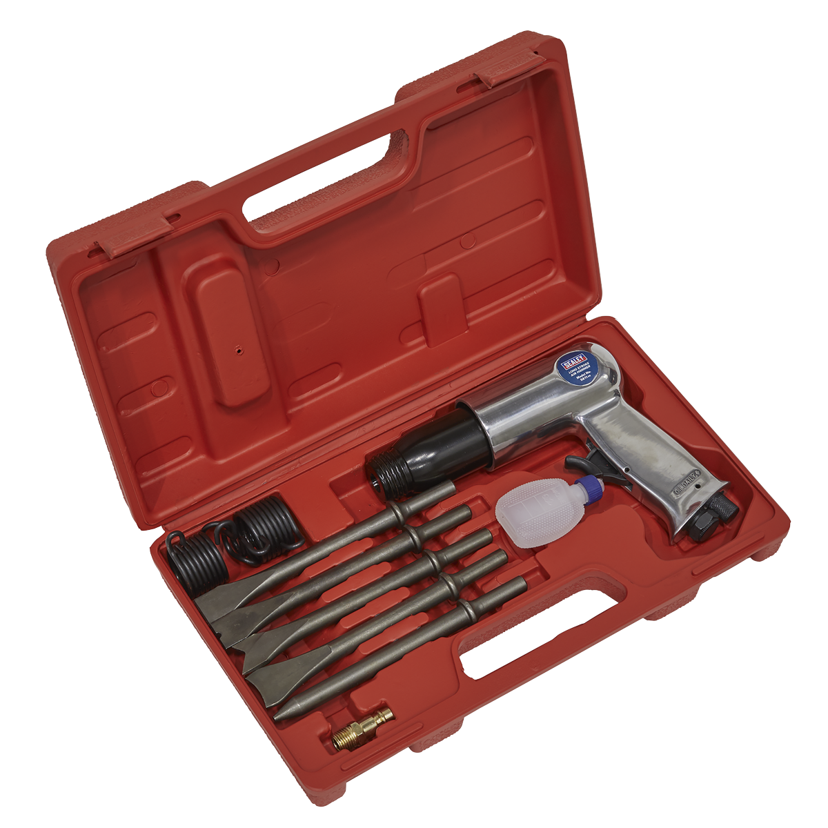 A red storage case containing the Sealey Air Hammer with Chisels Long Stroke - SA11, multiple chisel set attachments, a small oiler, and a brass fitting.