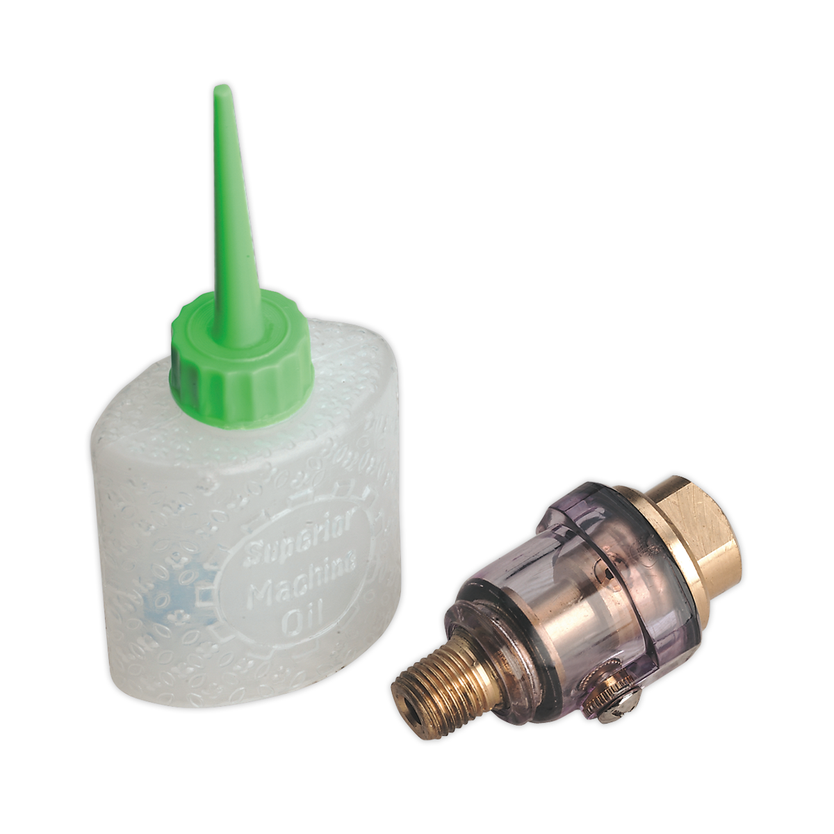 Image shows the Sealey Mini In-Line Air Tool Oiler 1/4"BSP with Filler - SA111, featuring a plastic oil bottle with a green nozzle cap, a transparent mechanical component for air tool oil lubrication, and metal fittings.