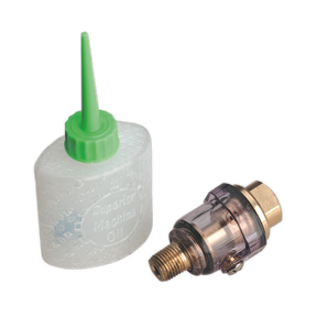 Image shows the Sealey Mini In-Line Air Tool Oiler 1/4"BSP with Filler - SA111, featuring a plastic oil bottle with a green nozzle cap, a transparent mechanical component for air tool oil lubrication, and metal fittings.