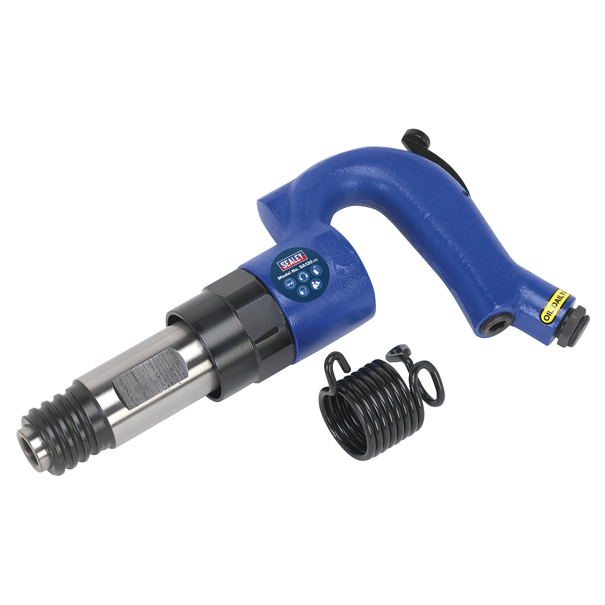 The Sealey Air Chipping Hammer Industrial - SA120 boasts a heavy-duty alloy handle with a blue finish and includes a separate chisel retaining spring accessory placed beside it.