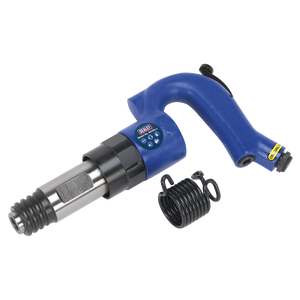 The Sealey Air Chipping Hammer Industrial - SA120 boasts a heavy-duty alloy handle with a blue finish and includes a separate chisel retaining spring accessory placed beside it.