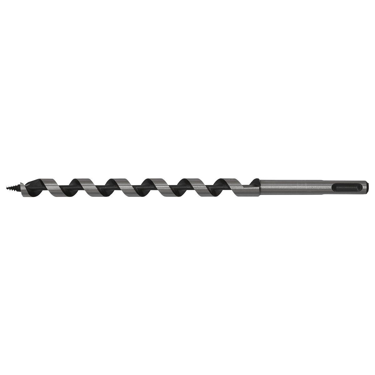 The Sealey SDS Plus Auger Wood Drill Ø13 x 235mm - SA13X235 is a long, metallic drill bit featuring a spiral groove and screw point, engineered for cutting through wood or other materials.