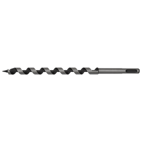 The Sealey SDS Plus Auger Wood Drill Ø13 x 235mm - SA13X235 is a long, metallic drill bit featuring a spiral groove and screw point, engineered for cutting through wood or other materials.