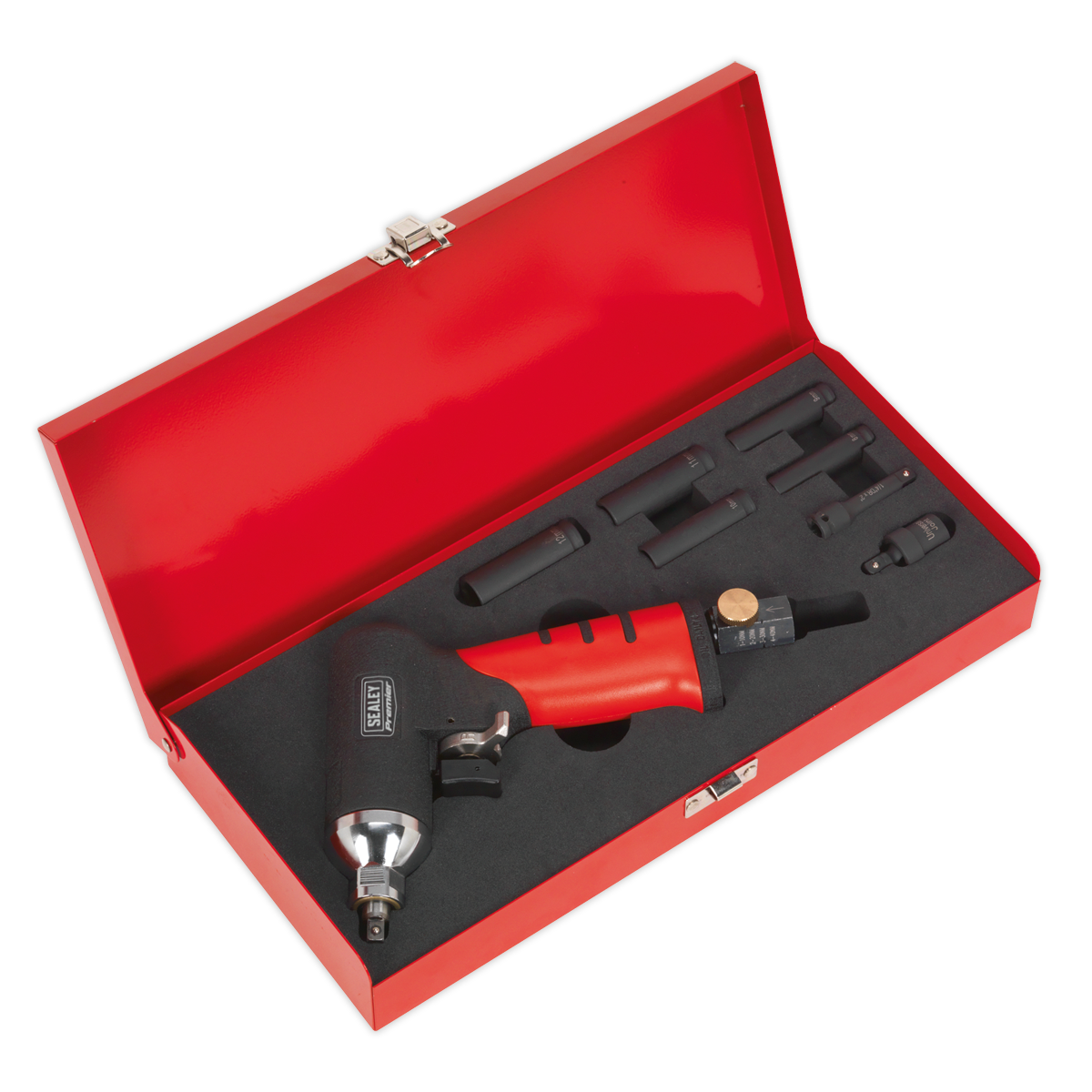 A red toolbox from Sealey that includes the Air Impact Wrench 1/4"Sq Drive Diesel Glow Plug Kit - SA141, featuring a reduced torque impact wrench and various attachments for tackling diesel engines and seized glow plugs.