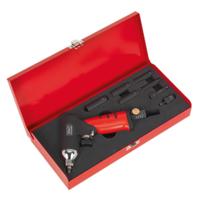 A red toolbox from Sealey that includes the Air Impact Wrench 1/4"Sq Drive Diesel Glow Plug Kit - SA141, featuring a reduced torque impact wrench and various attachments for tackling diesel engines and seized glow plugs.