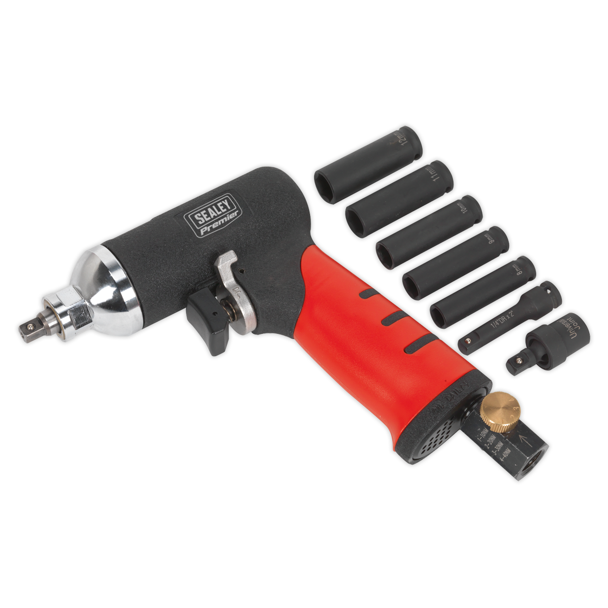 The Sealey Air Impact Wrench 1/4"Sq Drive Diesel Glow Plug Kit - SA141, featuring a red and black handle, is displayed alongside six various-sized socket attachments and a socket extension, making it ideal for working on diesel engines or dealing with seized glow plugs.