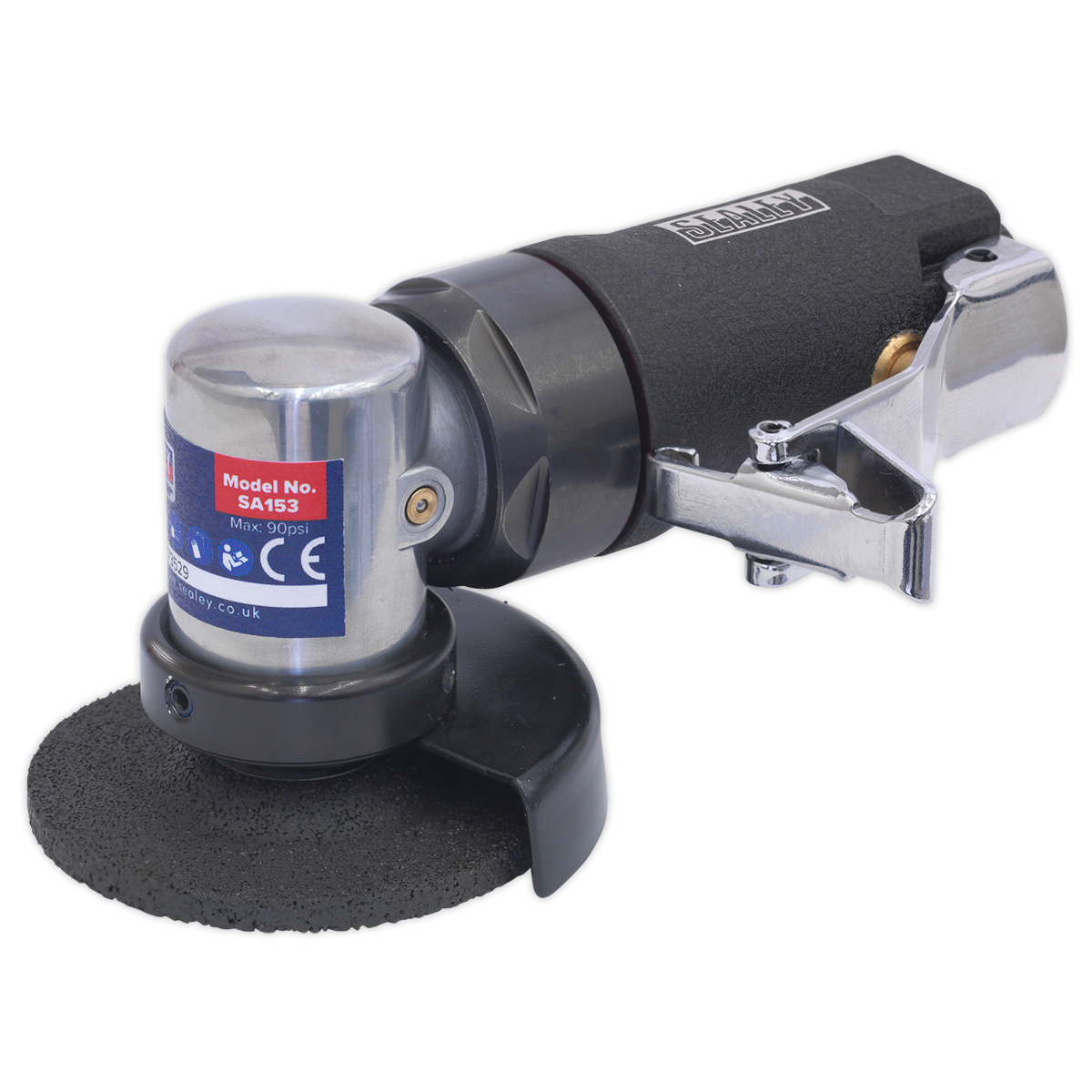 Image of the Sealey Mini Air Angle Grinder Ø58mm - SA153, featuring a black finish with a silver casing and lightweight mini housing. This handheld pneumatic tool includes a rear exhaust design and has a protective guard over the grinding disc, which is mounted on the bottom. Its robust construction makes it ideal for any professional workshop.