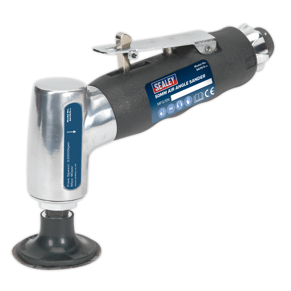 Image of a Sealey Air Angle Sander Ø50mm - SA19/S, showcasing its metallic body, black grip handle, powerful 20,000rpm motor, safety release trigger for secure operation, and top-mounted control lever.