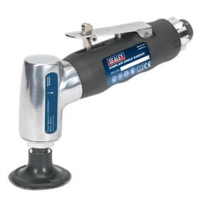 Image of a Sealey Air Angle Sander Ø50mm - SA19/S, showcasing its metallic body, black grip handle, powerful 20,000rpm motor, safety release trigger for secure operation, and top-mounted control lever.