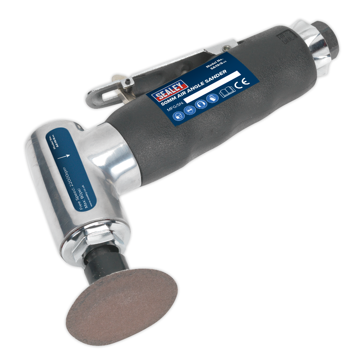 The Sealey Air Angle Sander Ø50mm - SA19/S features a labeled black and silver body with a sanding disc and CE certification marking. This versatile tool includes a safety release trigger for added security.